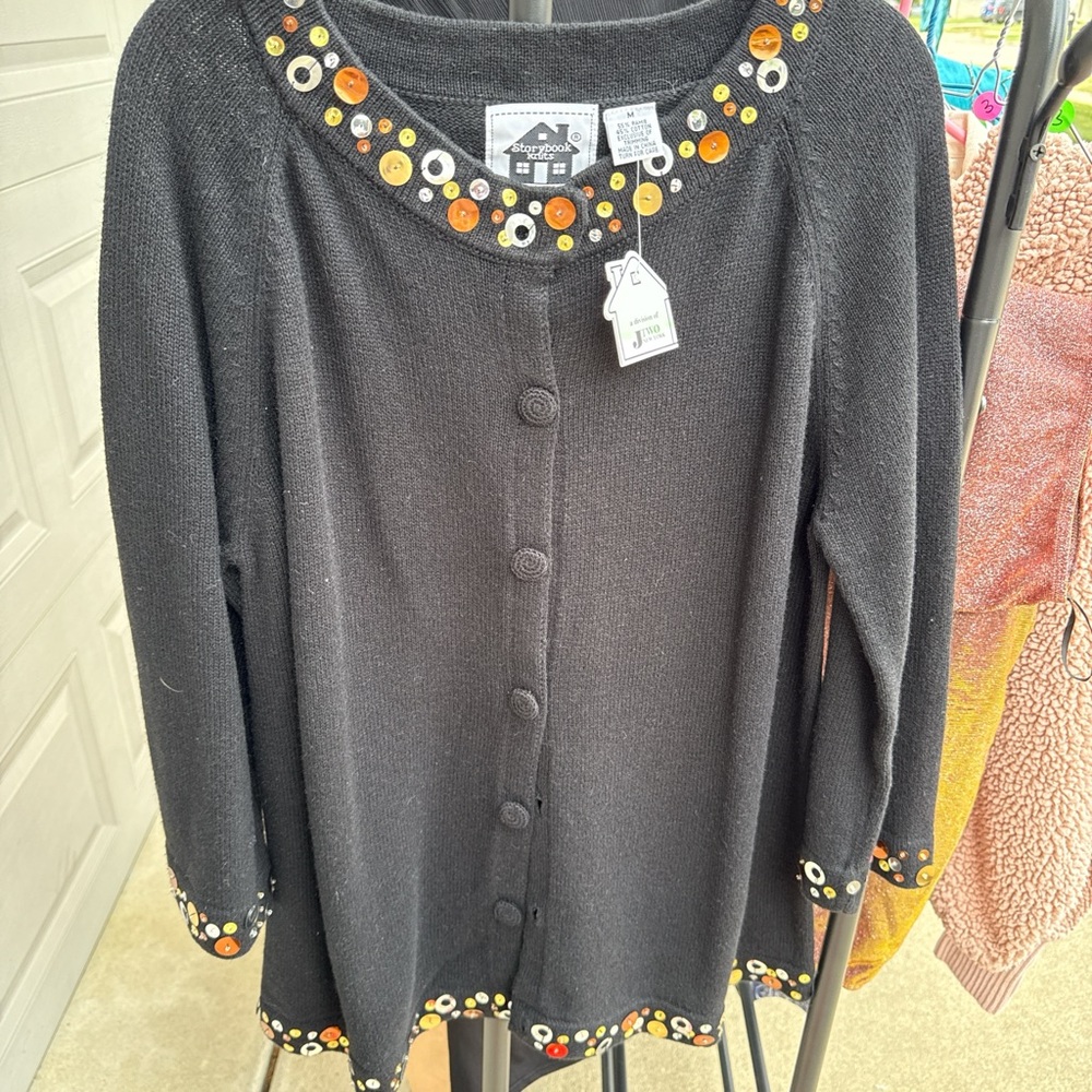 Storybook Knits Black Cardigan with Colorful Accents